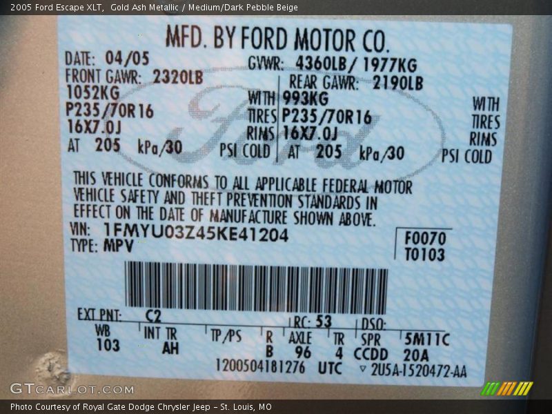 Gold Ash Metallic / Medium/Dark Pebble Beige 2005 Ford Escape XLT