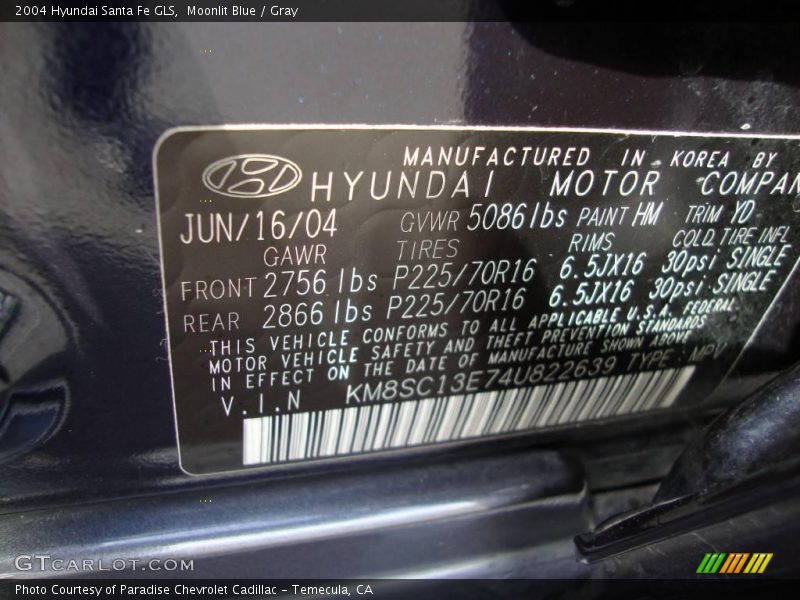 Moonlit Blue / Gray 2004 Hyundai Santa Fe GLS