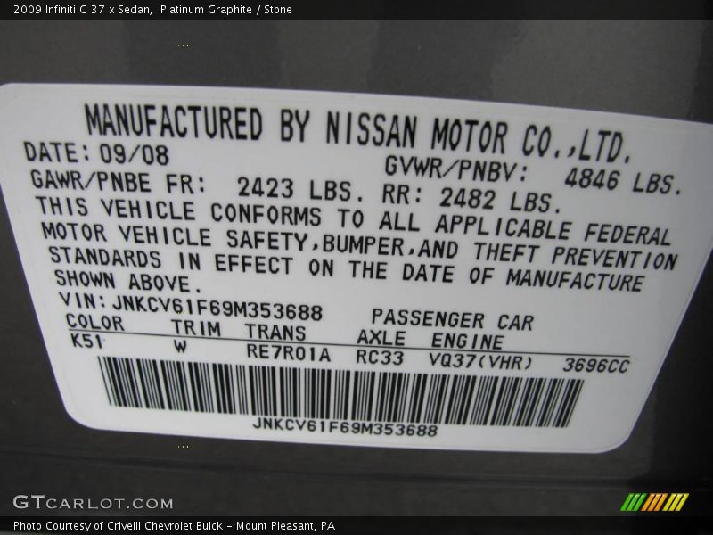 Platinum Graphite / Stone 2009 Infiniti G 37 x Sedan