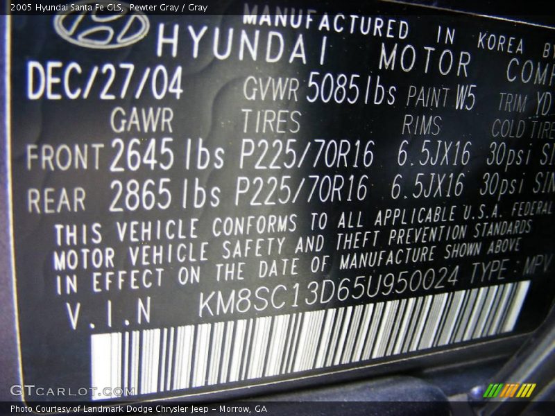 2005 Santa Fe GLS Pewter Gray Color Code W5
