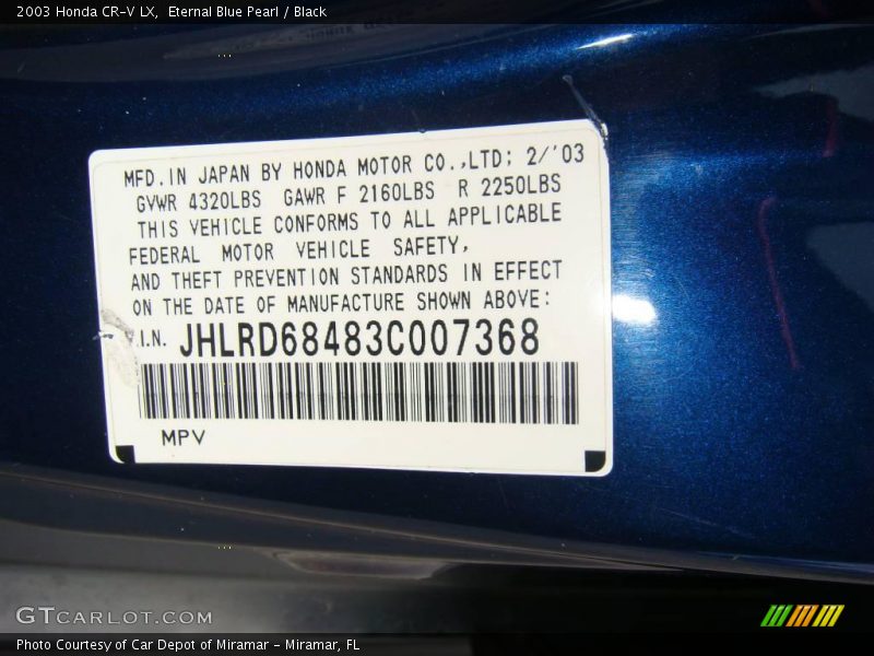 Eternal Blue Pearl / Black 2003 Honda CR-V LX