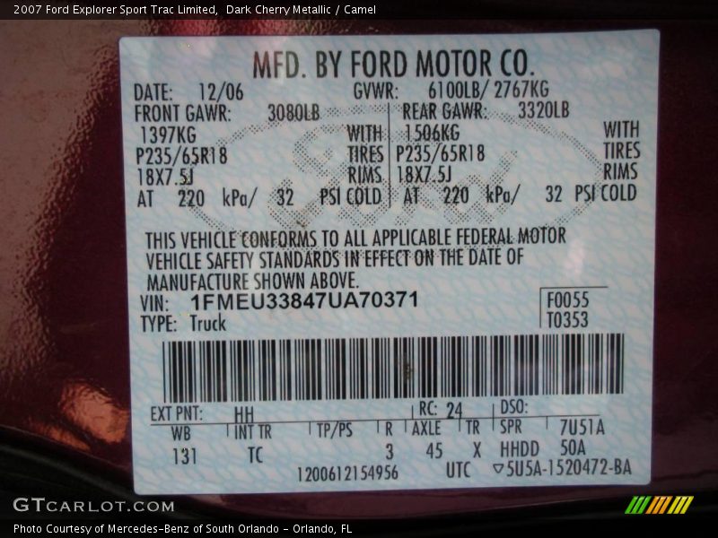 Dark Cherry Metallic / Camel 2007 Ford Explorer Sport Trac Limited