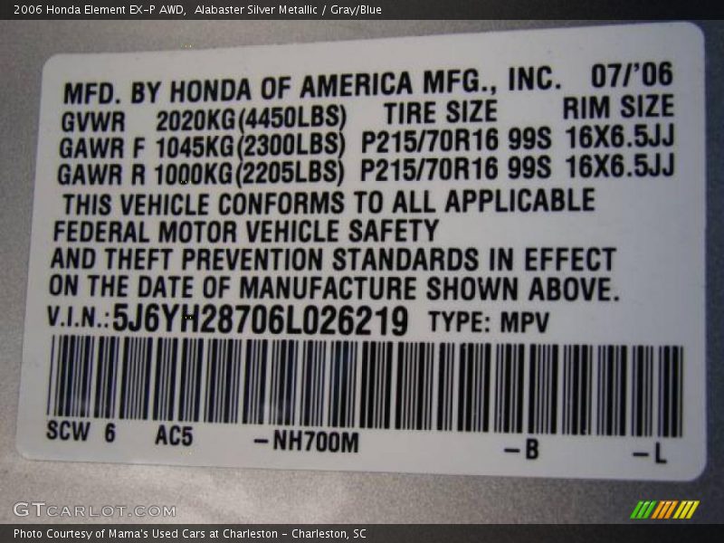 Alabaster Silver Metallic / Gray/Blue 2006 Honda Element EX-P AWD