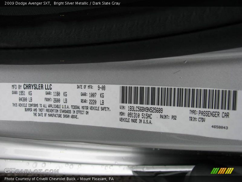 Bright Silver Metallic / Dark Slate Gray 2009 Dodge Avenger SXT