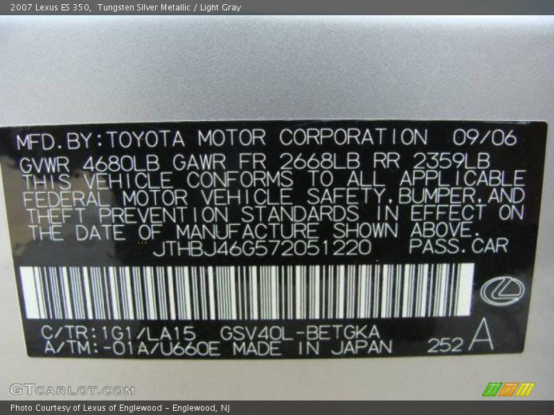 Tungsten Silver Metallic / Light Gray 2007 Lexus ES 350