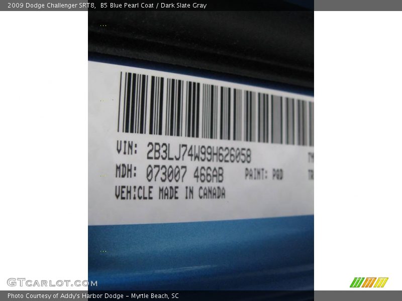 B5 Blue Pearl Coat / Dark Slate Gray 2009 Dodge Challenger SRT8