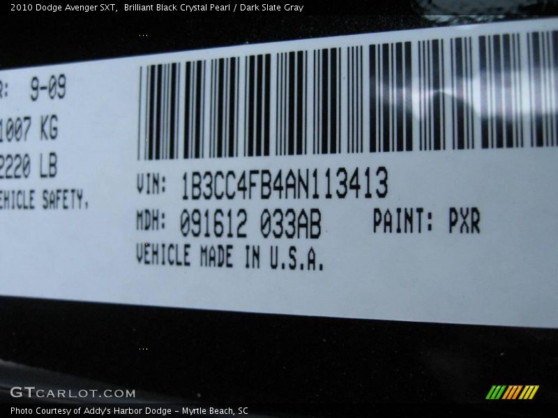 Brilliant Black Crystal Pearl / Dark Slate Gray 2010 Dodge Avenger SXT