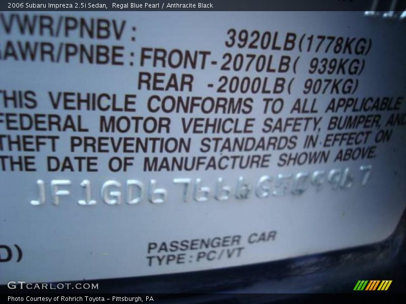 Regal Blue Pearl / Anthracite Black 2006 Subaru Impreza 2.5i Sedan
