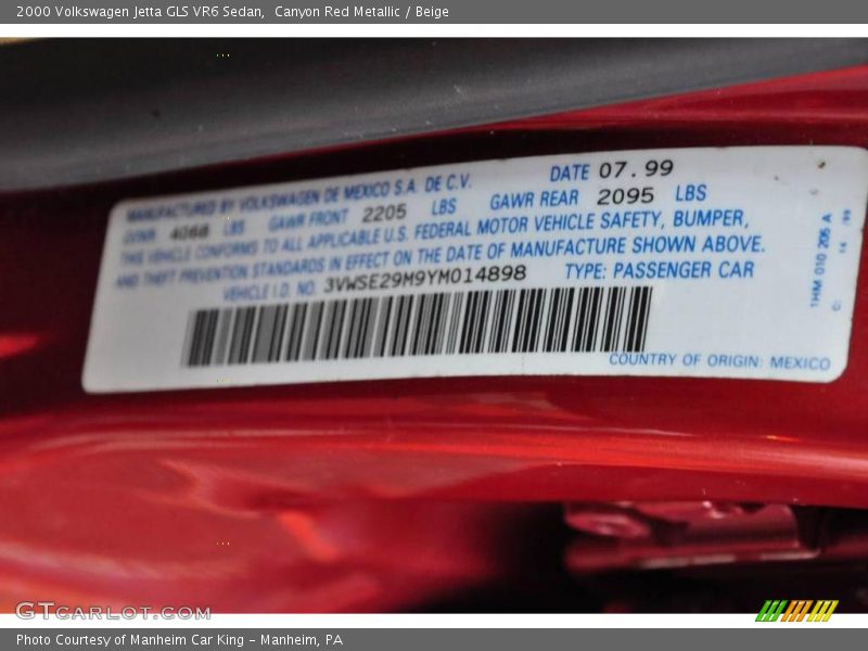 Canyon Red Metallic / Beige 2000 Volkswagen Jetta GLS VR6 Sedan