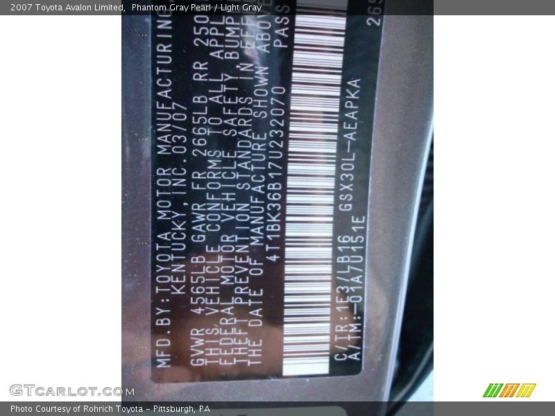 Phantom Gray Pearl / Light Gray 2007 Toyota Avalon Limited
