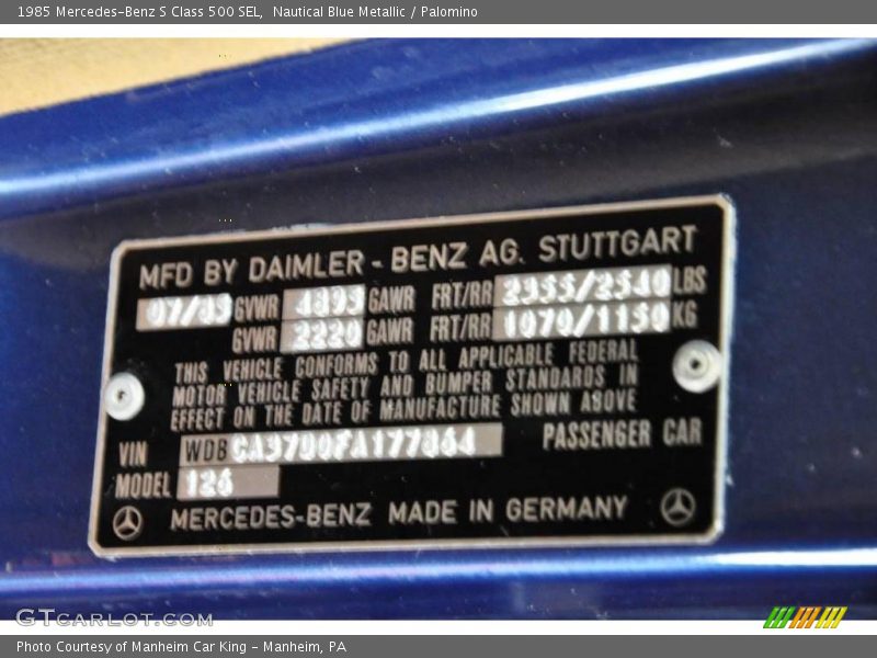Nautical Blue Metallic / Palomino 1985 Mercedes-Benz S Class 500 SEL