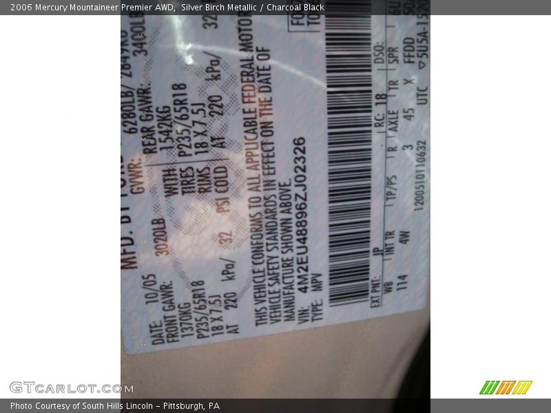 Silver Birch Metallic / Charcoal Black 2006 Mercury Mountaineer Premier AWD