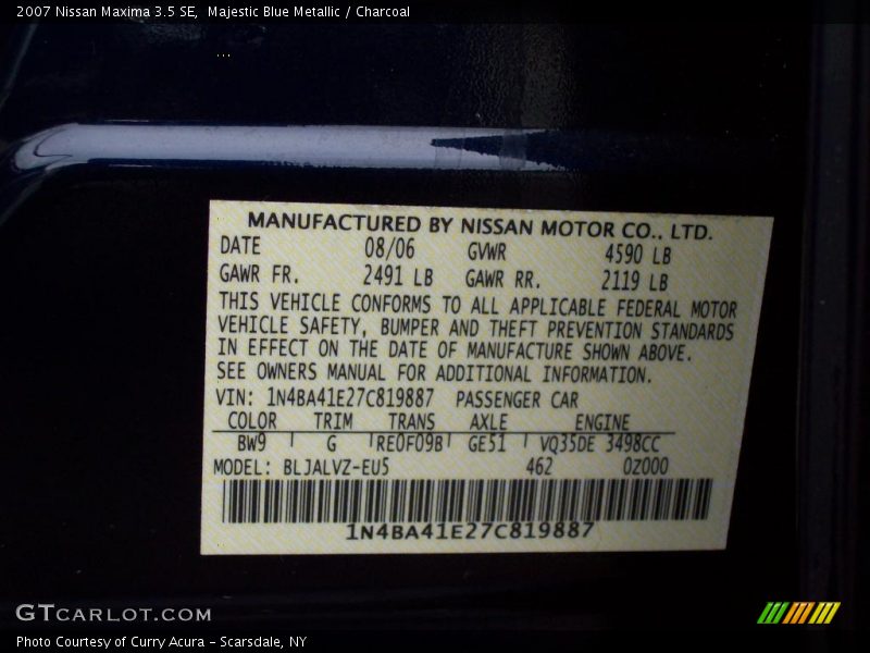 Majestic Blue Metallic / Charcoal 2007 Nissan Maxima 3.5 SE