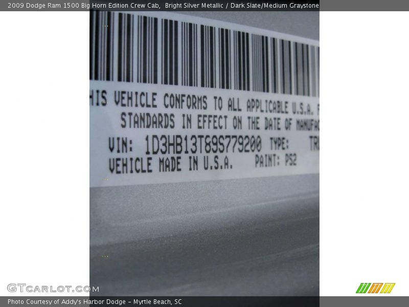 Bright Silver Metallic / Dark Slate/Medium Graystone 2009 Dodge Ram 1500 Big Horn Edition Crew Cab