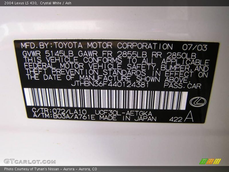 Crystal White / Ash 2004 Lexus LS 430