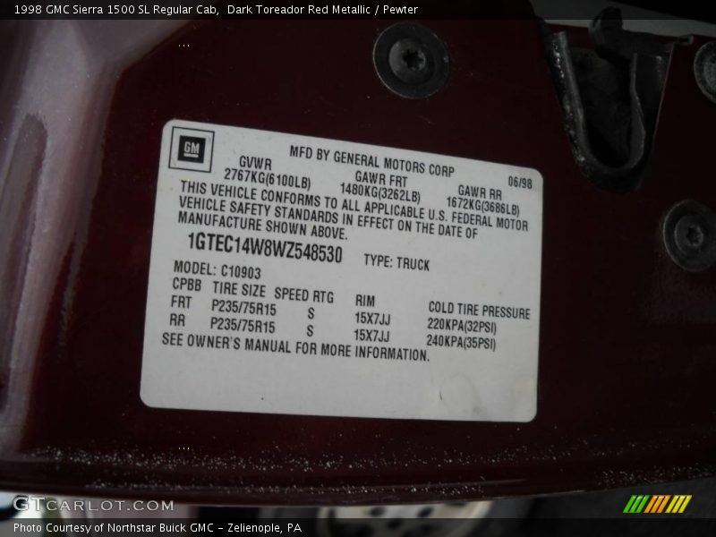 Dark Toreador Red Metallic / Pewter 1998 GMC Sierra 1500 SL Regular Cab