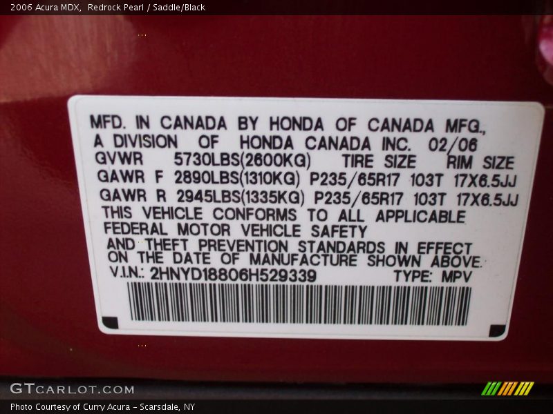 Redrock Pearl / Saddle/Black 2006 Acura MDX