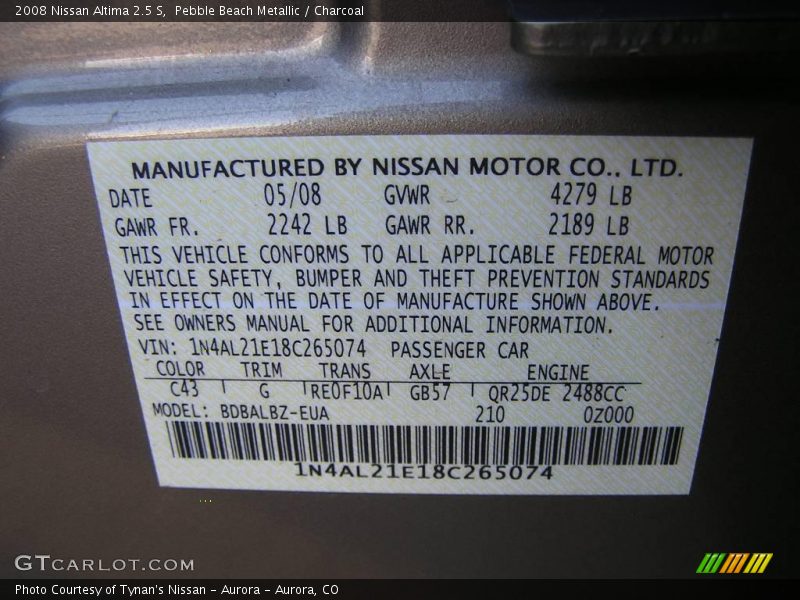 Pebble Beach Metallic / Charcoal 2008 Nissan Altima 2.5 S