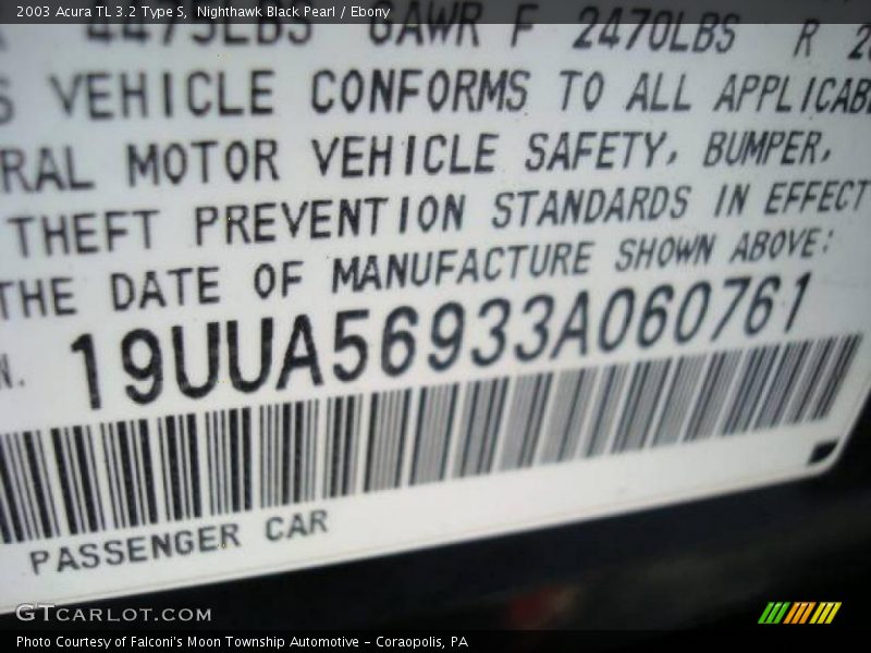 Nighthawk Black Pearl / Ebony 2003 Acura TL 3.2 Type S