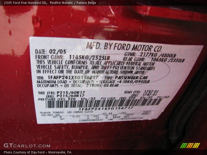 Redfire Metallic / Pebble Beige 2005 Ford Five Hundred SEL