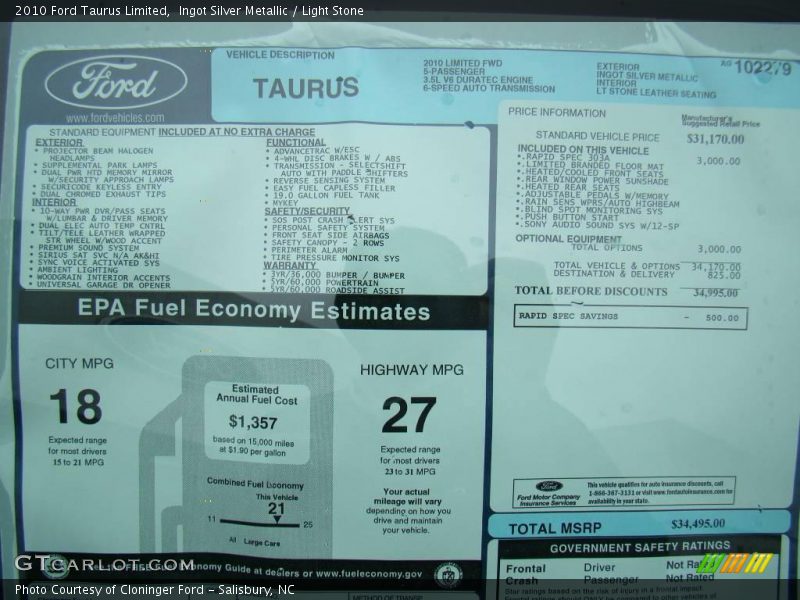 Ingot Silver Metallic / Light Stone 2010 Ford Taurus Limited