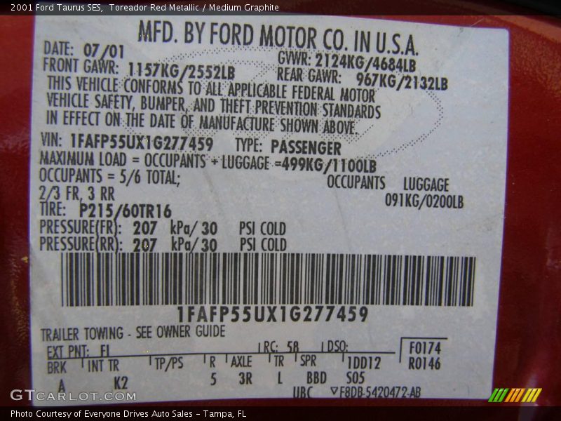 Toreador Red Metallic / Medium Graphite 2001 Ford Taurus SES