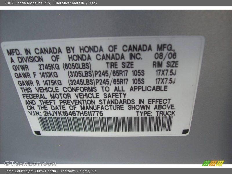 Billet Silver Metallic / Black 2007 Honda Ridgeline RTS