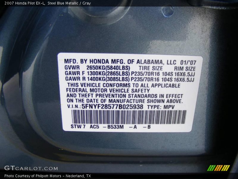 Steel Blue Metallic / Gray 2007 Honda Pilot EX-L