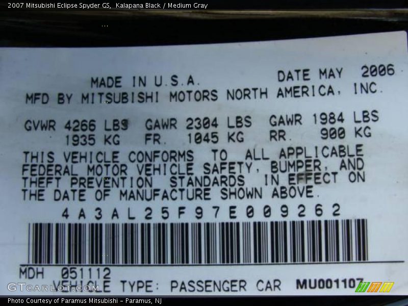 Kalapana Black / Medium Gray 2007 Mitsubishi Eclipse Spyder GS