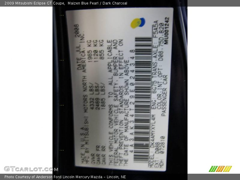 Maizen Blue Pearl / Dark Charcoal 2009 Mitsubishi Eclipse GT Coupe
