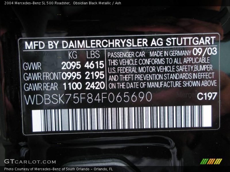 Obsidian Black Metallic / Ash 2004 Mercedes-Benz SL 500 Roadster