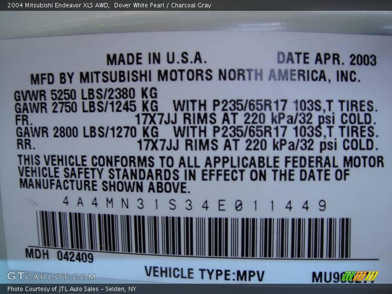 Dover White Pearl / Charcoal Gray 2004 Mitsubishi Endeavor XLS AWD