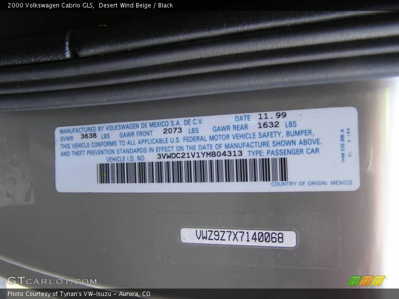 Desert Wind Beige / Black 2000 Volkswagen Cabrio GLS
