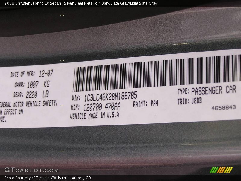 Silver Steel Metallic / Dark Slate Gray/Light Slate Gray 2008 Chrysler Sebring LX Sedan