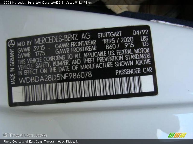 Arctic White / Blue 1992 Mercedes-Benz 190 Class 190E 2.3