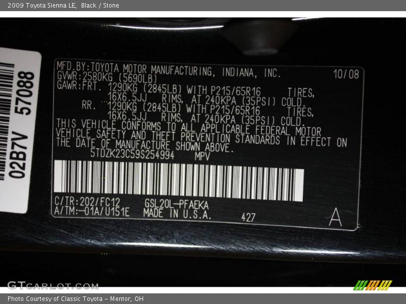 Black / Stone 2009 Toyota Sienna LE