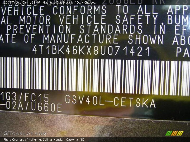 Magnetic Gray Metallic / Dark Charcoal 2008 Toyota Camry SE V6