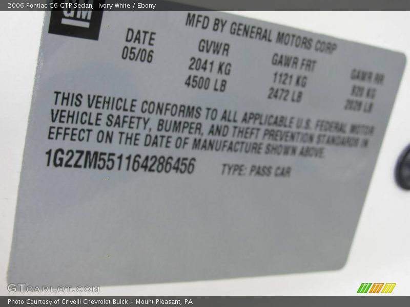 Ivory White / Ebony 2006 Pontiac G6 GTP Sedan