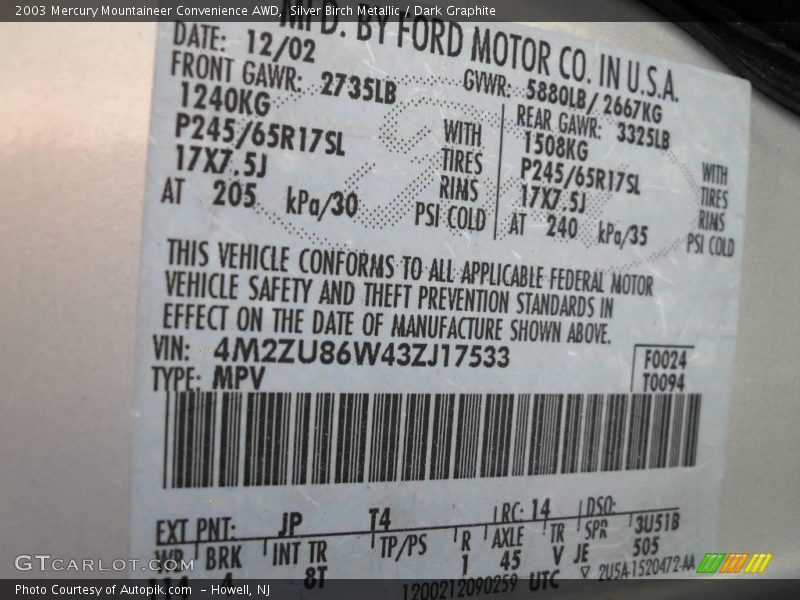 Silver Birch Metallic / Dark Graphite 2003 Mercury Mountaineer Convenience AWD