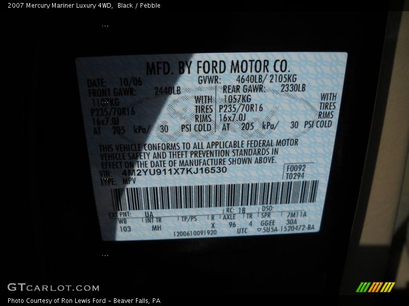 Black / Pebble 2007 Mercury Mariner Luxury 4WD