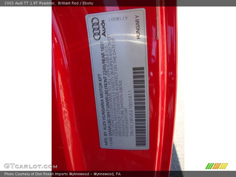 Brilliant Red / Ebony 2003 Audi TT 1.8T Roadster