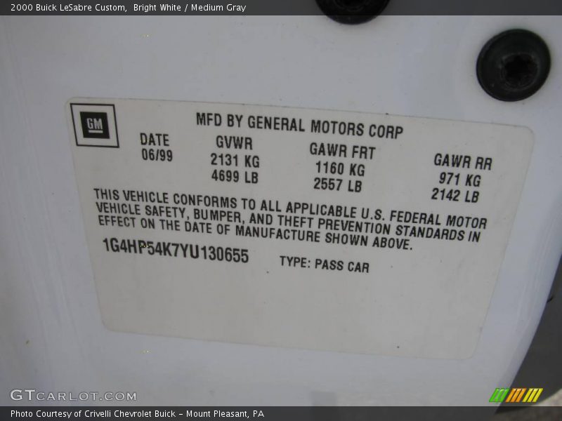 Bright White / Medium Gray 2000 Buick LeSabre Custom