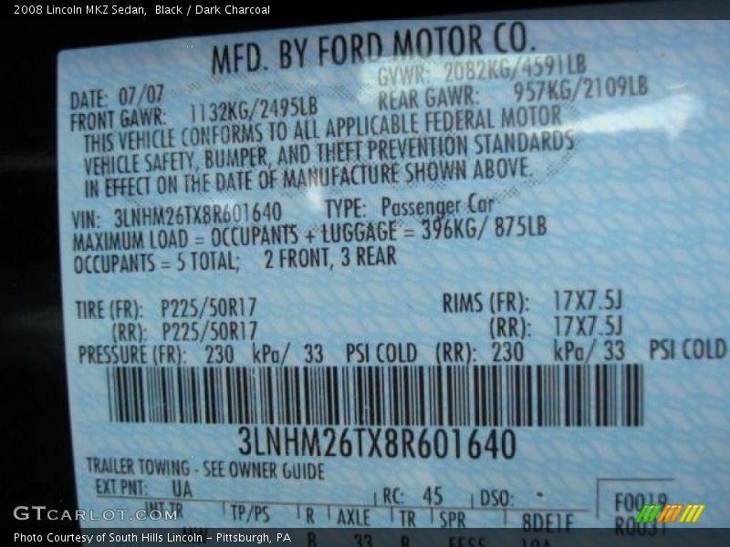 Black / Dark Charcoal 2008 Lincoln MKZ Sedan