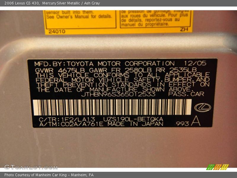Mercury Silver Metallic / Ash Gray 2006 Lexus GS 430