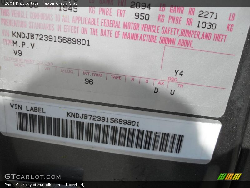 Pewter Gray / Gray 2001 Kia Sportage