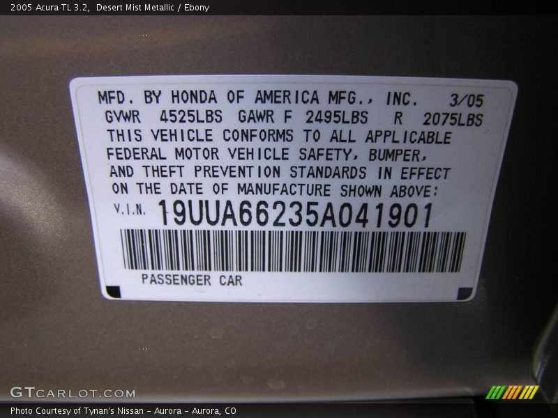 Desert Mist Metallic / Ebony 2005 Acura TL 3.2