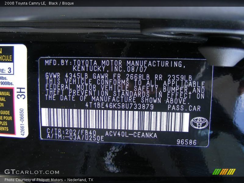 Black / Bisque 2008 Toyota Camry LE