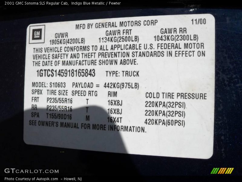 Indigo Blue Metallic / Pewter 2001 GMC Sonoma SLS Regular Cab
