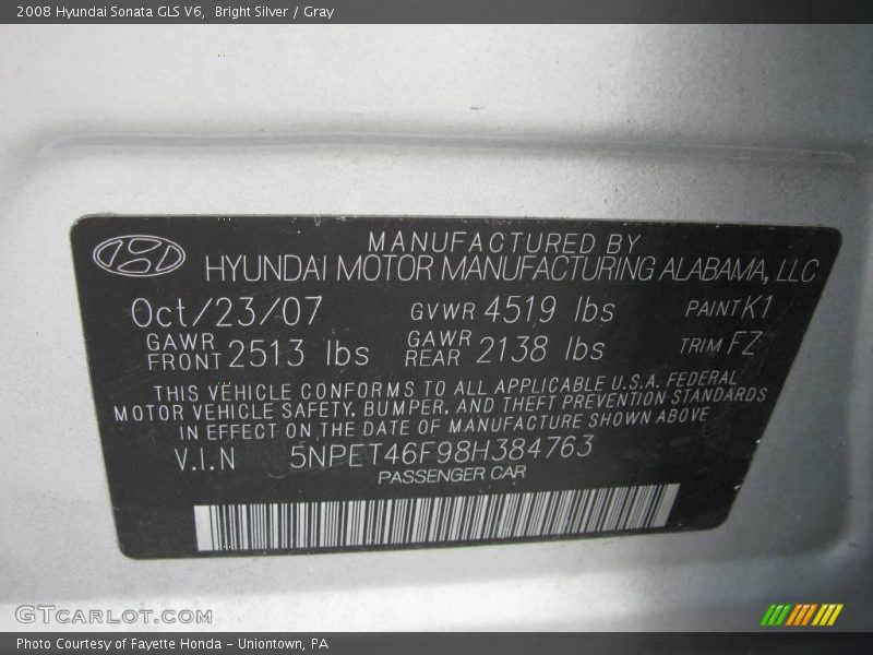 Bright Silver / Gray 2008 Hyundai Sonata GLS V6