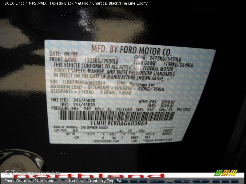 Tuxedo Black Metallic / Charcoal Black/Fine Line Ebony 2010 Lincoln MKS AWD